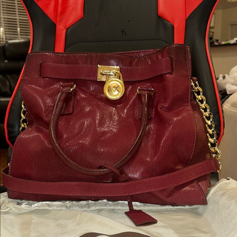 MIchael Kors. Genuine Burgundy Leather Shoulder Bag with Gold Chain